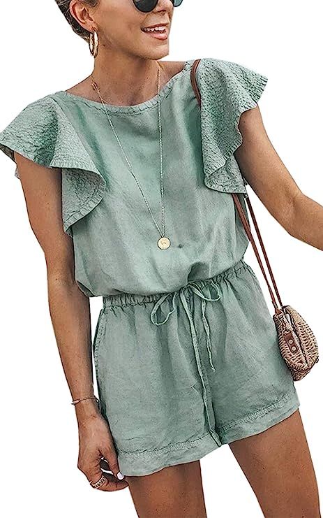 Angashion Women's Loose Casual Ruffle Cap Sleeve Short Jumpsuits Hollow Back Romper with Belt | Amazon (US)