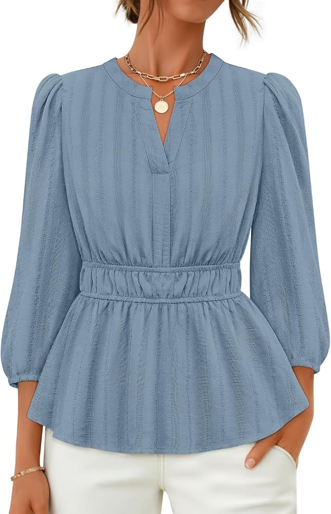 ZESICA Women's 2025 Fall Babydoll Peplum Tops V Neck Puff 3/4 Length Sleeve Shirts Dressy Casual ... | Amazon (US)