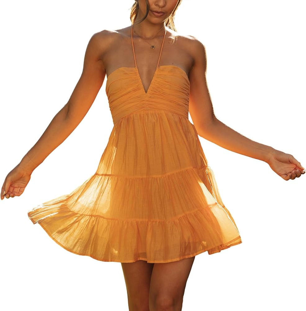 Women's Sleeveless Halter V Neck Mini Dress Smocked Tiered Flowy Swing A Line Dress Sexy Backless... | Amazon (US)