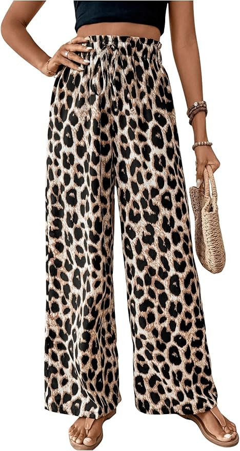 WDIRARA Women's Leopard Print Drawstring Waist Wide Leg Pants Loose Fit Palazzo Pants | Amazon (US)