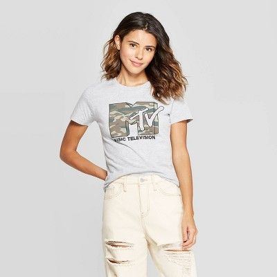 Women's MTV Camo Print Short Sleeve T-Shirt (Juniors') - Athletic Heather | Target