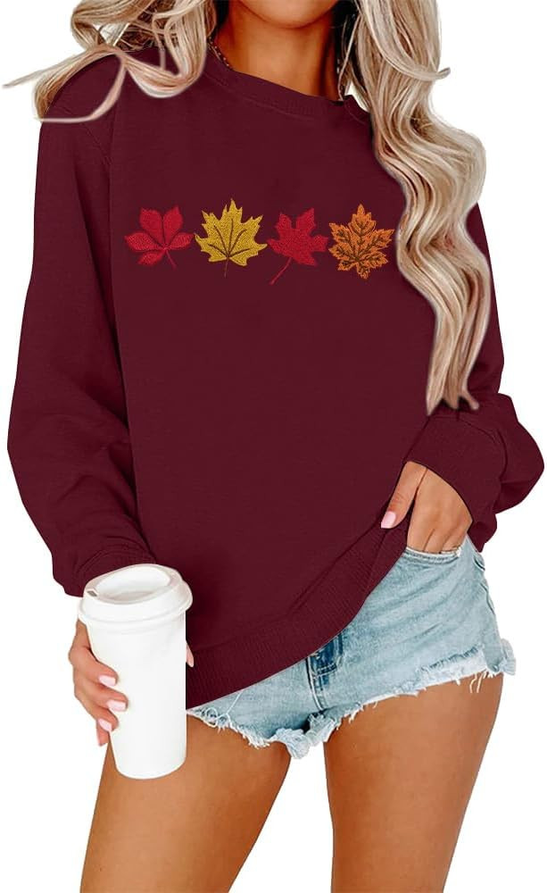 ALLTB Fall Sweatshirts for Women Embroidered Tops: Maple Leaf Crewneck Sweatshirt Casual Long Sle... | Amazon (US)