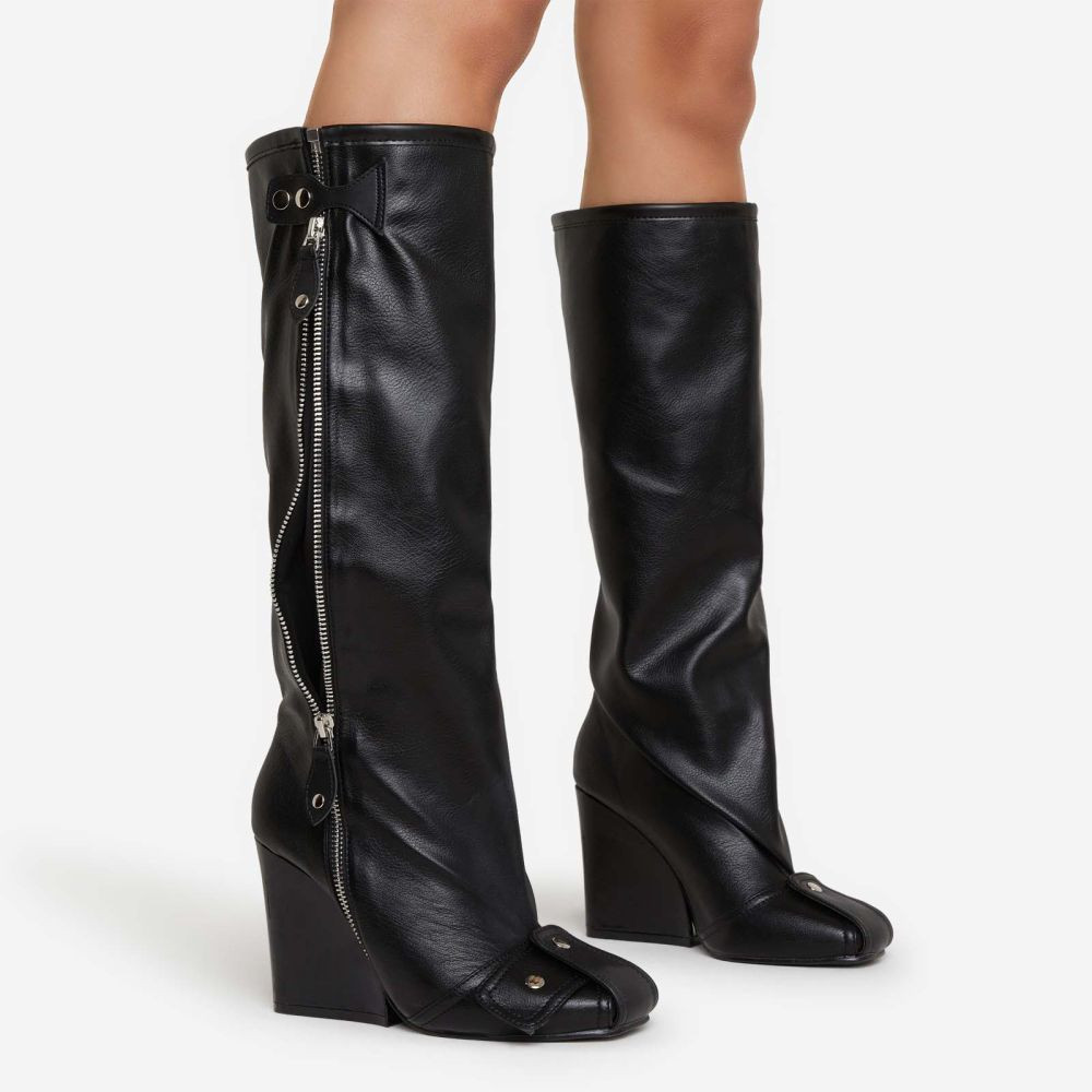 Senna Buckle Detail Square Toe Wedge Heel Knee High Long Boot In Black Faux Leather | EGO (UK)