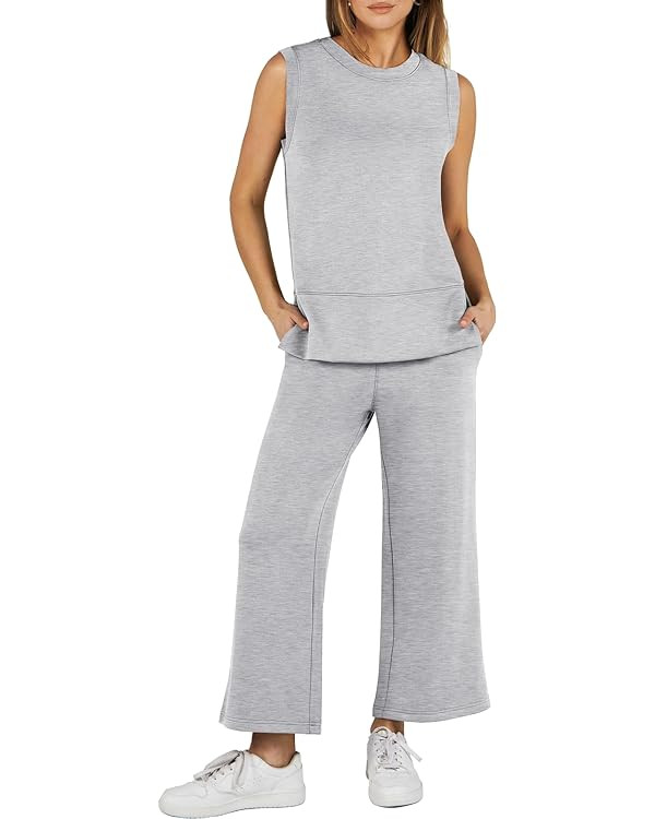 ANRABESS Women's 2 Piece Sets Summer Outfits Sleeveless Wide Leg Tracksuits Casual Sweat Sets Lou... | Amazon (US)
