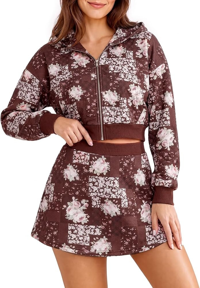 Aoysky Womens 2 Piece Outfits Skort Sets Floral Plaid Hoodie Skirt Set | Amazon (US)