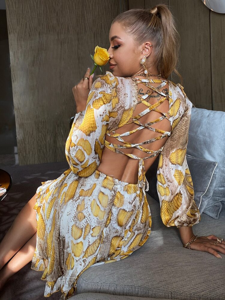 Glamaker Snakeskin Print Lace Up Back Bishop Sleeve Dress | SHEIN