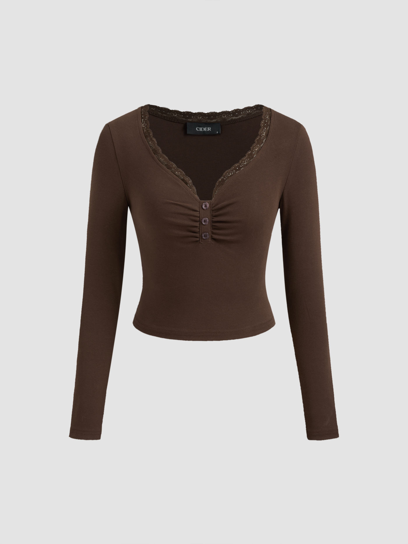 Knit Fabric Cotton-blend V-neck Solid Lace Trim Button Ruched Long Sleeve Top For Daily Casual | Cider