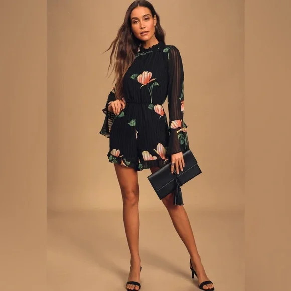 Lulu’s Talking Sweet Black Floral Print Long Sleeve Cutout Romper Small NWT’s | Poshmark