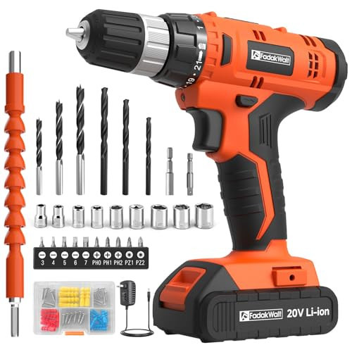 FADAKWALT 20V Electric Power Drill Set, Torque 30N, 21+1 Torque Setting, 3/8-Inch Keyless Chuck, LED Electric Drill Kit, Orange | Amazon (US)