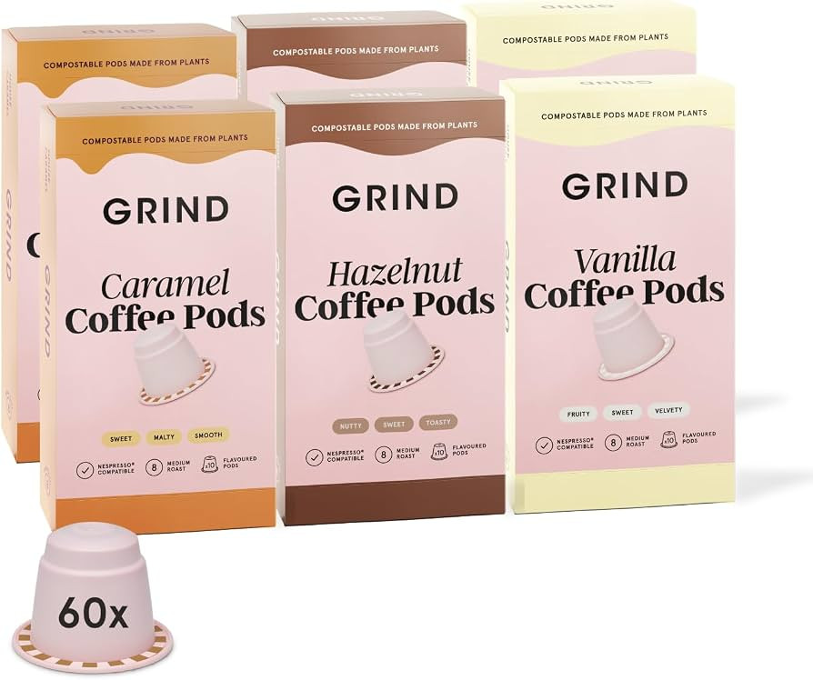 Grind Flavour Variety Pack \u2013 Pack of 60 Biodegradable Pods \u2013 Hazelnut, Vanilla & Carame... | Amazon (UK)