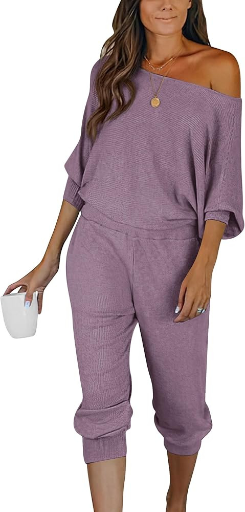 PRETTYGARDEN Women's 2 Piece Ribbed Tracksuit Outfits Off Shoulder Long Sleeve Pullover Lounge Pa... | Amazon (US)