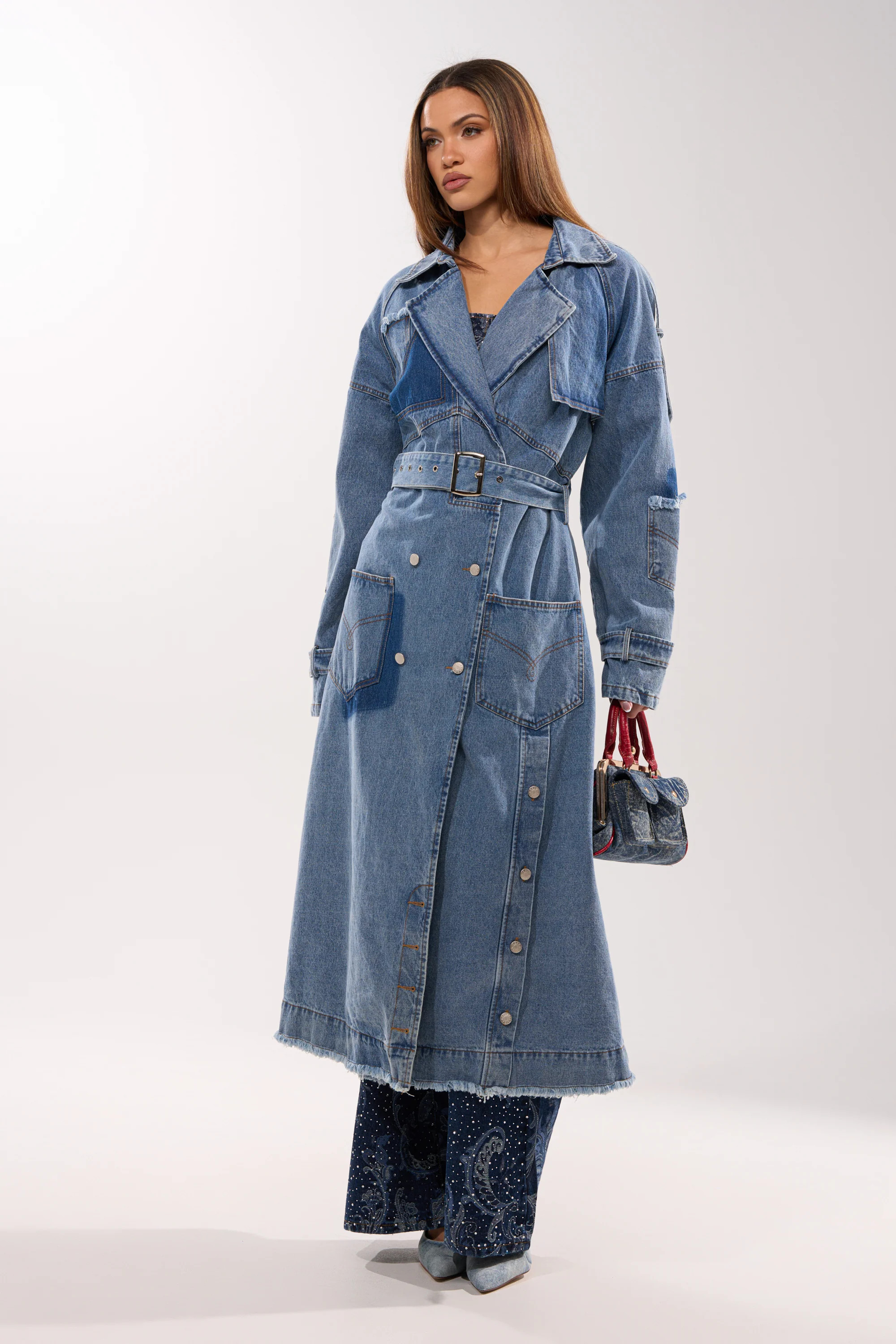 AKIRA Riley Patchwork Denim Trench Coat | Size Medium | AKIRA