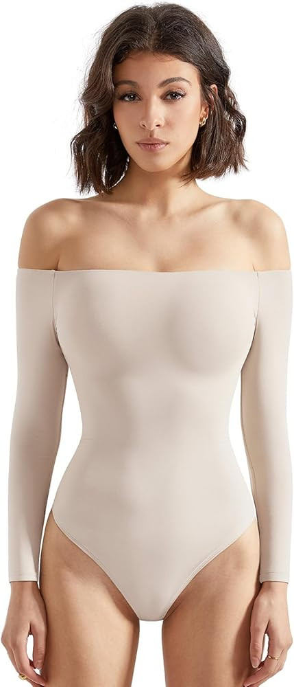 SUUKSESS Women Off the Shoulder Long Sleeve Bodysuit Double Lined Thong Bodysuit | Amazon (US)
