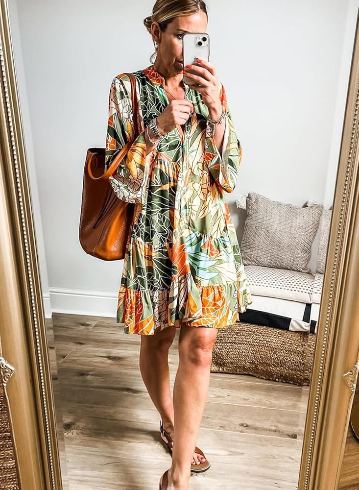 miduo Womens Beach Spring Casual Mini Dress V Neck Buttoned 3/4 Sleeve Tribal Printed Pleated Bab... | Amazon (US)