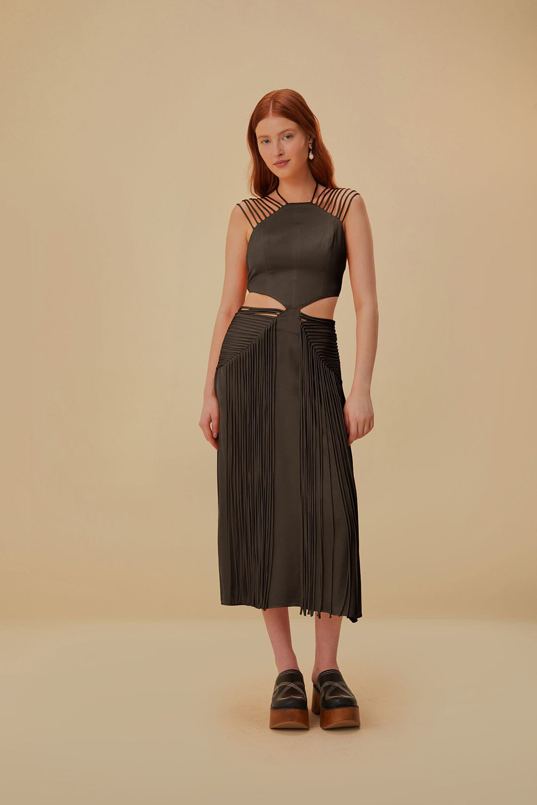 Brown Fringed Sleeveless Midi Dress | FarmRio (US)
