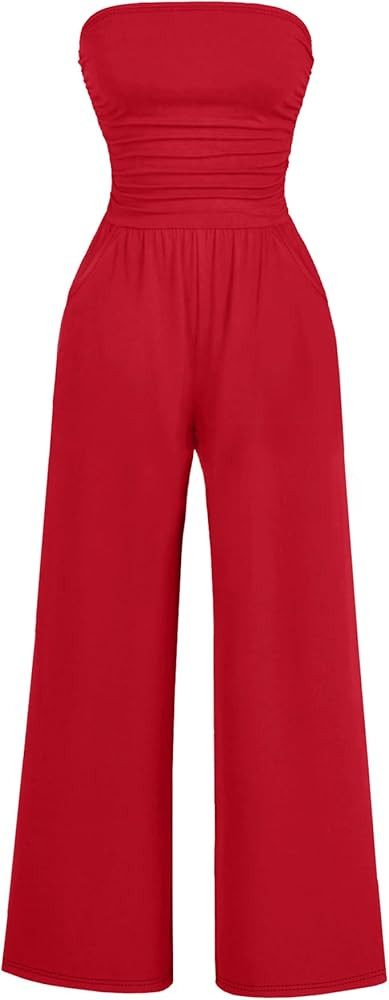 Amazon.com: AUXDIO Red Strapless Jumpsuits for Women Comfort Dressy Summer Beach Baggy Wide Leg L... | Amazon (US)