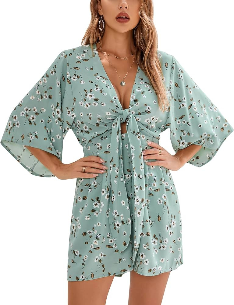 Womens Summer Sexy Floral Romper 3/4 Sleeve Tie Front Cut Out V Neck Jumpsuits with Pockets | Amazon (US)