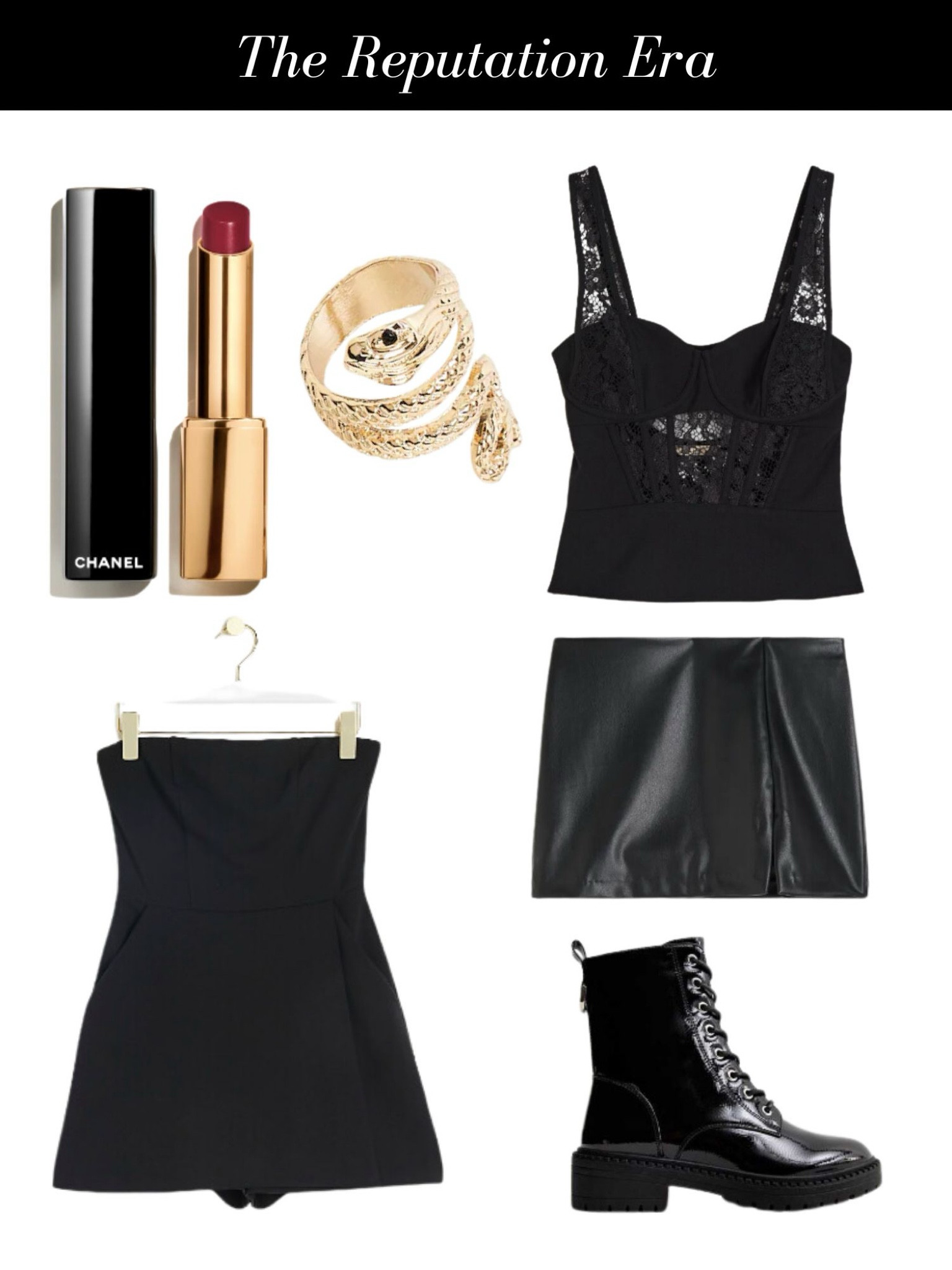 So the Reputation Era is your go-to Eras Tour look? Choose black play suits, mini skirts and bodices and team with red lips and gold snake jewellery. 

#LTKuk #LTKstyletip #LTKsummer