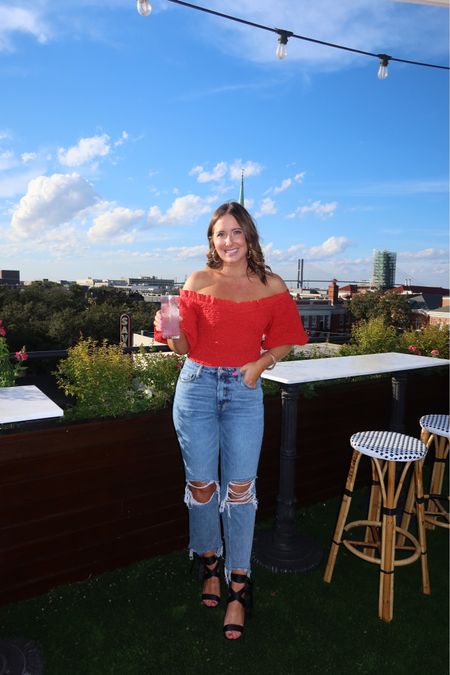 Savanah rooftop views! My red top can be styled off the shoulder or on it - so flattering! 

Red top, heels, black heels, casual outfit, date night outfit, jeans 

#LTKshoecrush #LTKSeasonal #LTKstyletip