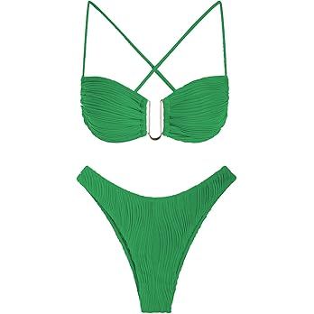 ZAFUL Women's Textured Underwire Bikini Set V Notch High Cut Swimwear Tie Side Ribbed Sexy Swimsu... | Amazon (US)