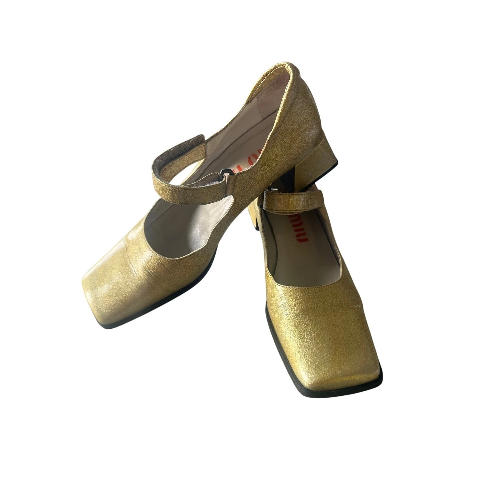 Miu Miu Vintage Gold Metallic Leather Square Toe Mary Jane Block Heels Size 37 | eBay | eBay US