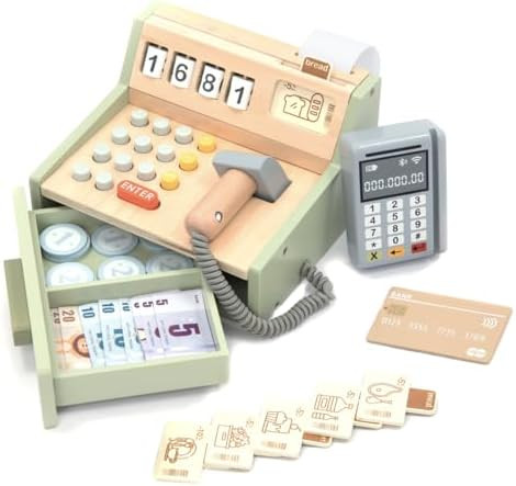 UMU® Wooden Cash Register for Kids – 35-Piece Toy Set with Scanner, Payment Terminal, Play Mon... | Amazon (UK)
