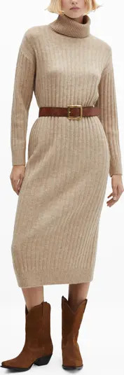 MANGO Turtleneck Long Sleeve Rib Midi Sweater Dress | Nordstrom | Nordstrom