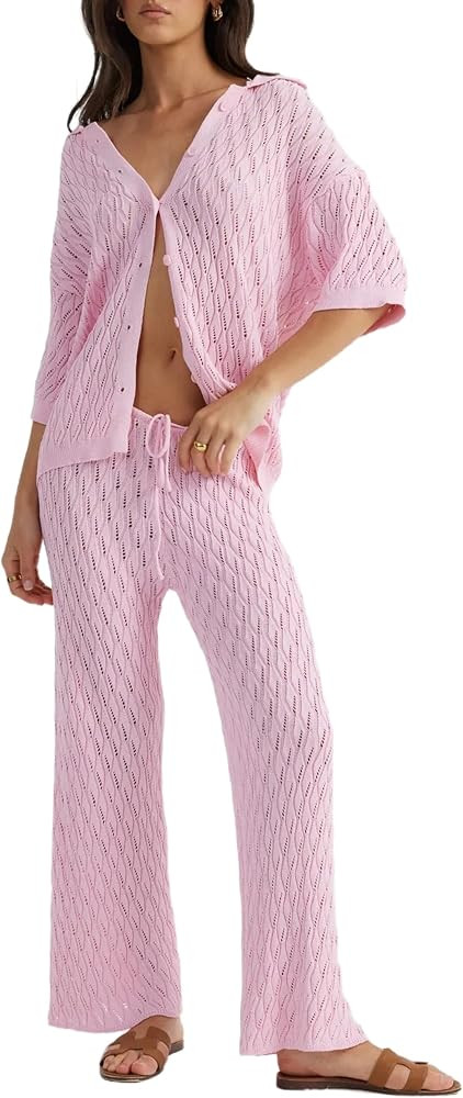 Summer Outfits for Women Button Short Sleeve Top and Wide Leg Pants Matching Lounge Set | Amazon (US)