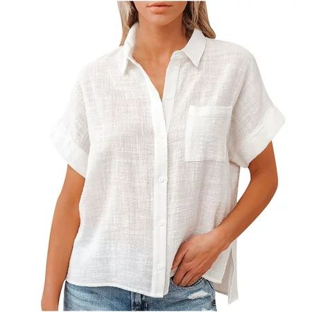 Womens Summer Tops Ladies Solid Color White Boho Top Cotton And Linen Shirt Short Sleeve Lapel Butto | Walmart (US)