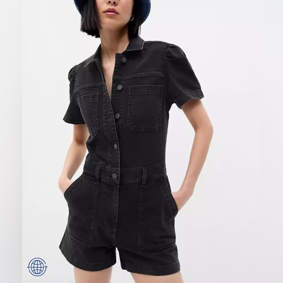 EUC Puff Sleeve Denim Romper Black Wash Sz 12 | Poshmark