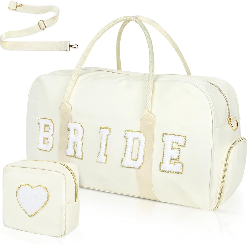Bride Bag Bridal Shower Gifts 2 Pcs Wedding Weekender Tote Groom Duffel Chenille Letter Bag with ... | Amazon (US)