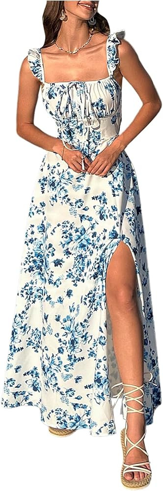 WDIRARA Women's Floral Print Ruched Square Neck Maxi Dress Tie Back High Slit Flared Dresses | Amazon (US)
