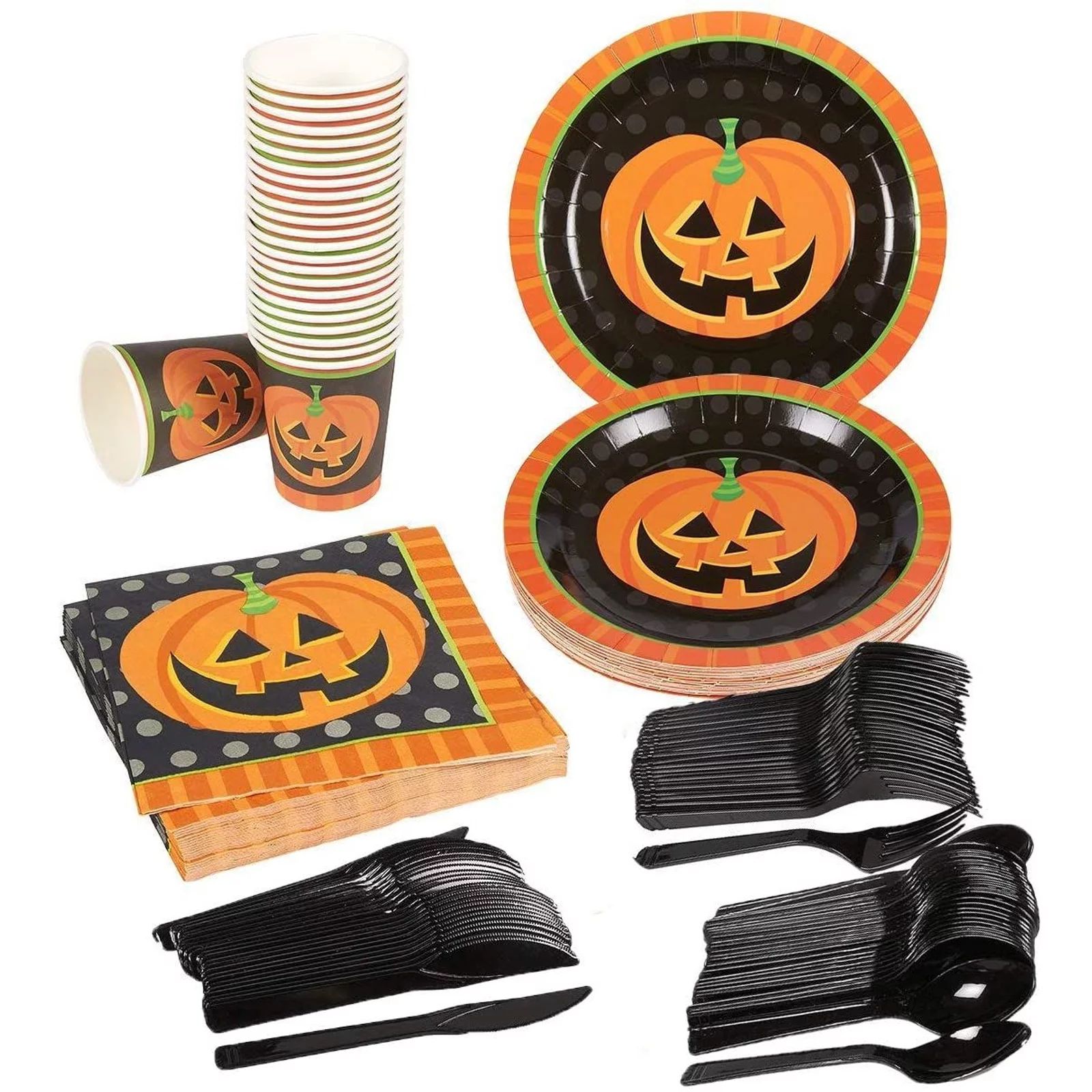 144 Piece Halloween Plates and Napkins Party Supplies with Pumpkin Cups and Cutlery, Serves 24 - ... | Walmart (US)