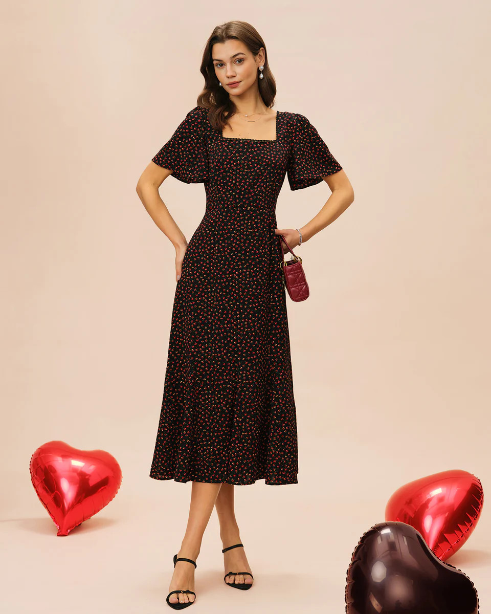 Black Square Neck Butterfly Sleeve Floral Midi Dress | rihoas.com