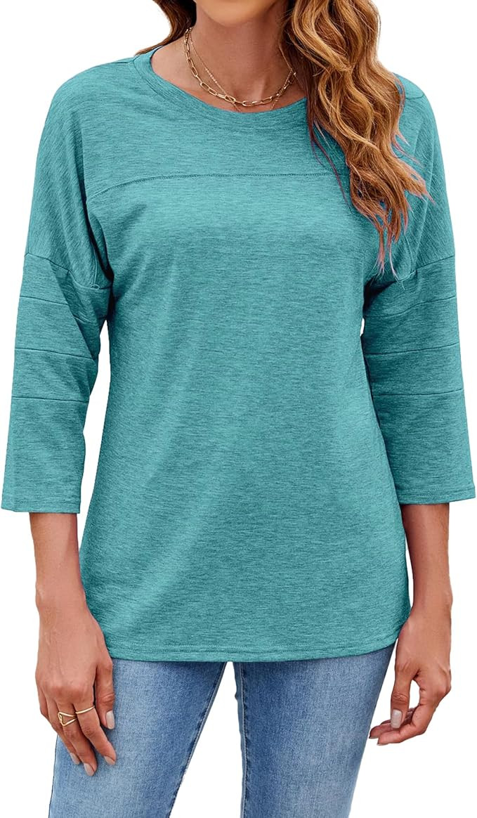 Bluetime Women Round Neck 3/4 Sleeve Tops Casual Loose Tunic Tops Solid Color Summer Fall Basic S... | Amazon (US)