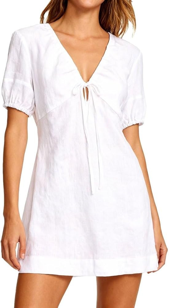 Amazhiyu Women\u2018s 100% Linen V Neck Short Sleeve Mini Dress for Petite Ladies | Amazon (US)