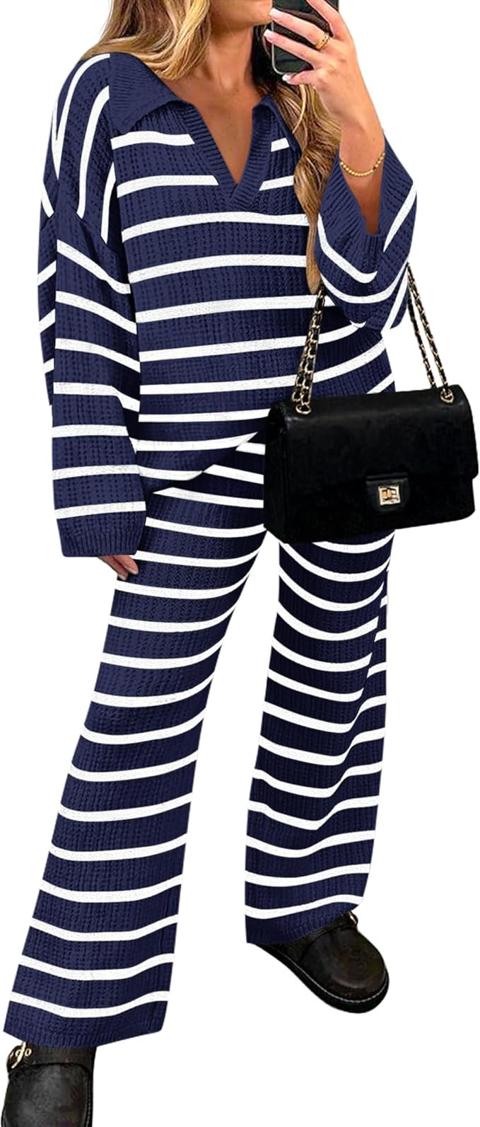 ZESICA Women's 2 Piece Sets Fall Casual Striped Long Sleeve V Neck Knit Sweater Tops and Wide Leg... | Amazon (US)
