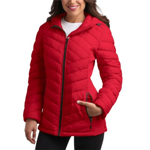 Reebok Womens Puffer Jacket - Midweight Quilted Snow Glacier Shield Full Zip Winter Coat for Women with Hood & Zip Pockets, Size Large, Vector Red Glow | Amazon (US)