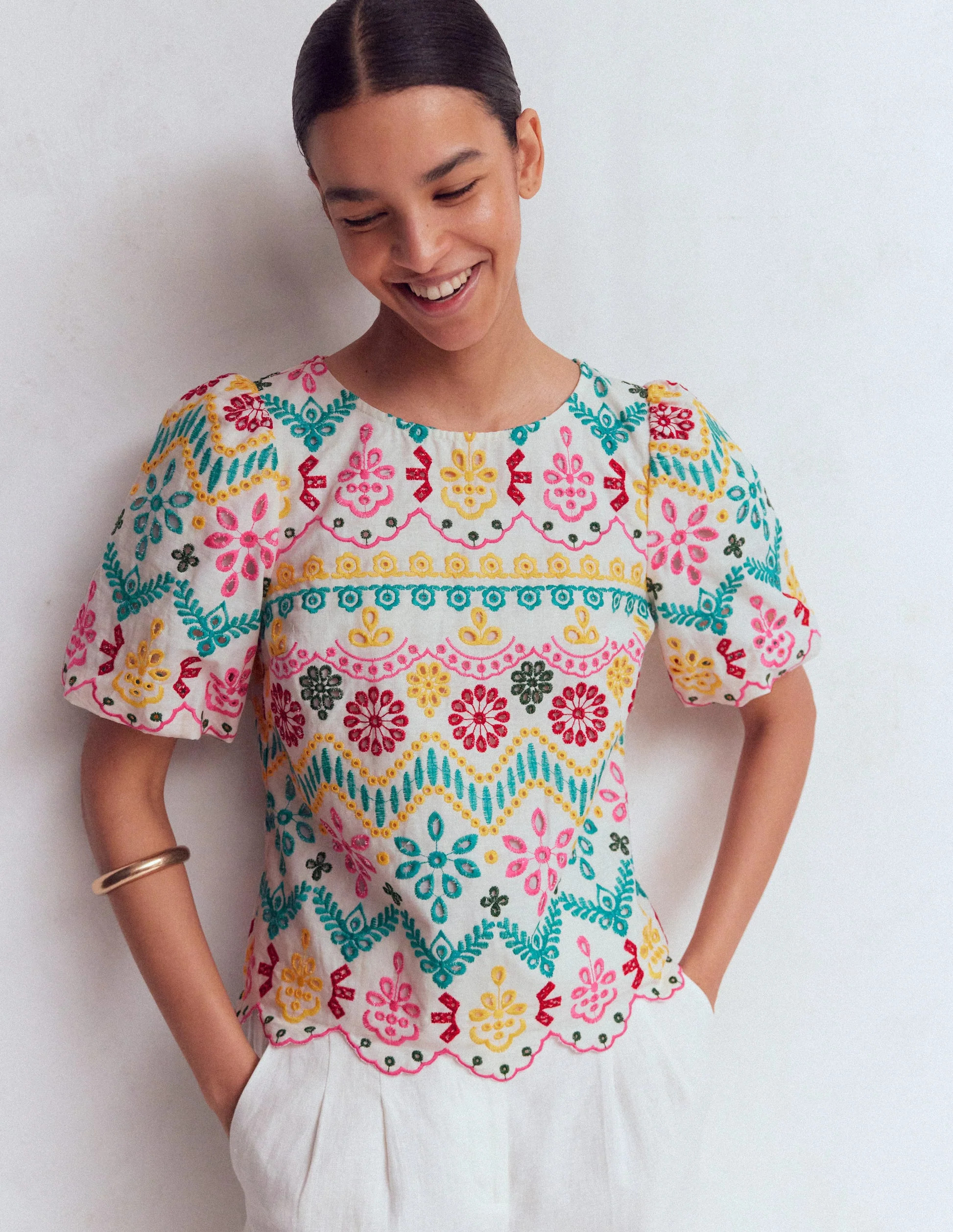Linen Puff Sleeve Top-Multi Broderie | Boden (US)