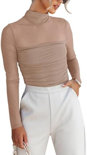REORIA Women’s Trendy Sexy Mock Turtle Neck Long Sleeve Sheer Mesh Ruched Going Out Bodysuits T... | Amazon (US)