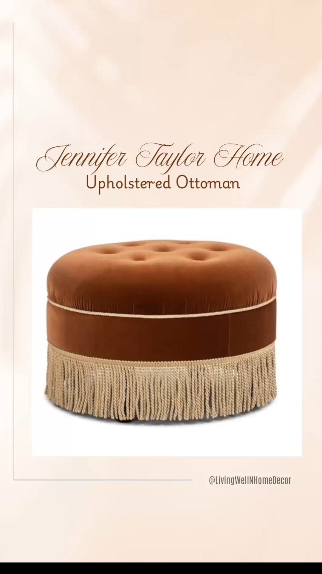 Yolanda 24" Round Upholstered Accent Ottoman with fringe. 

The Yolanda Ottoman by Jennifer Taylor Home is a stylish and multi-functional furnishing suitable for any part of the home. The tassel rope fringe brings an English vibe and coordinates with the rich array of upholstery fabrics that this piece is available in. 
It’s the perfect touch of vintage chic. I love this burnt orange performance velvet. Almost like a cognac color- which is my absolute favorite furniture color. If I could have a cognac tufted Chesterfield I would absolutely be on cloud nine. But my budget wont allow it   :/  so I’ll have to enjoy this ottoman… for now.  :)

#LTKstorytime #LTKHome #LTKOver40