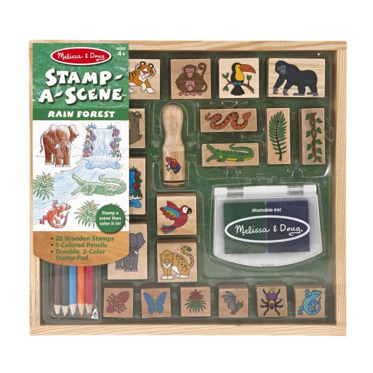 Melissa & Doug Stamp-a-Scene Stamp Set: Rain Forest - 20 Wooden Stamps, 5 Colored Pencils, and 2-... | Walmart (US)