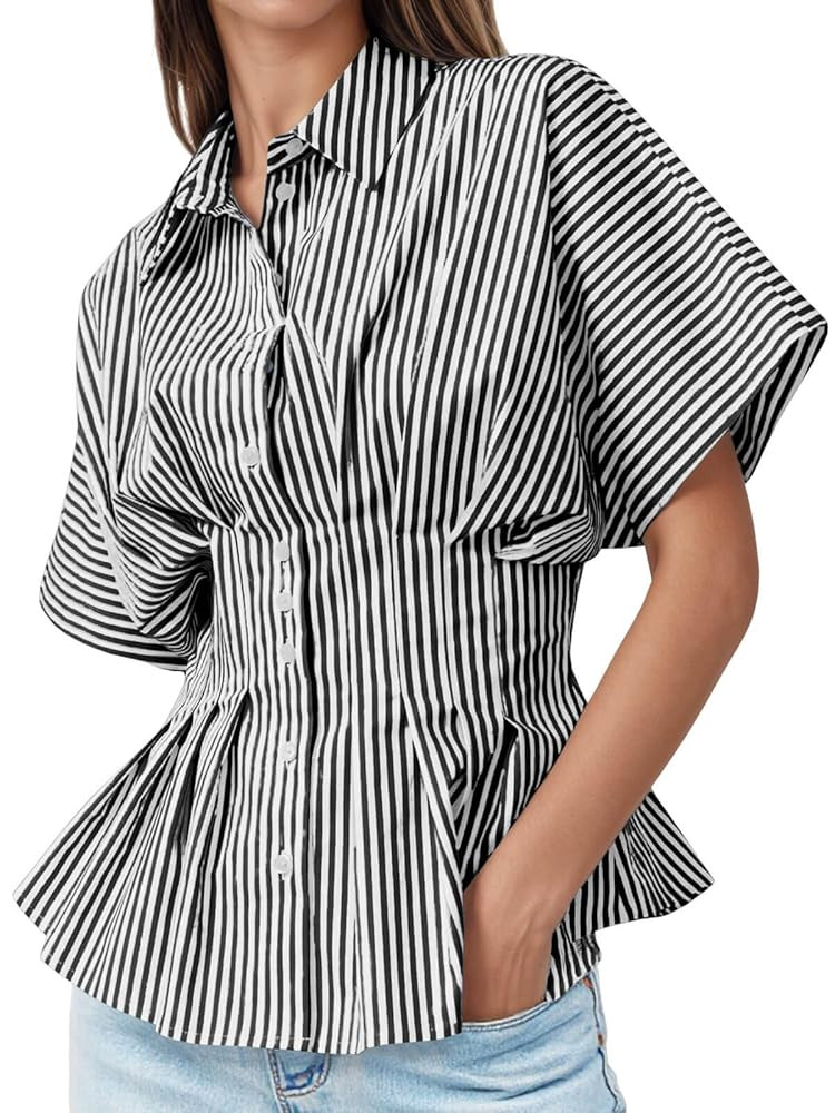 Tankaneo Womens Striped Peplum Button Down Shirts Short Sleeve Pleated Tops Summer Business Casua... | Amazon (US)