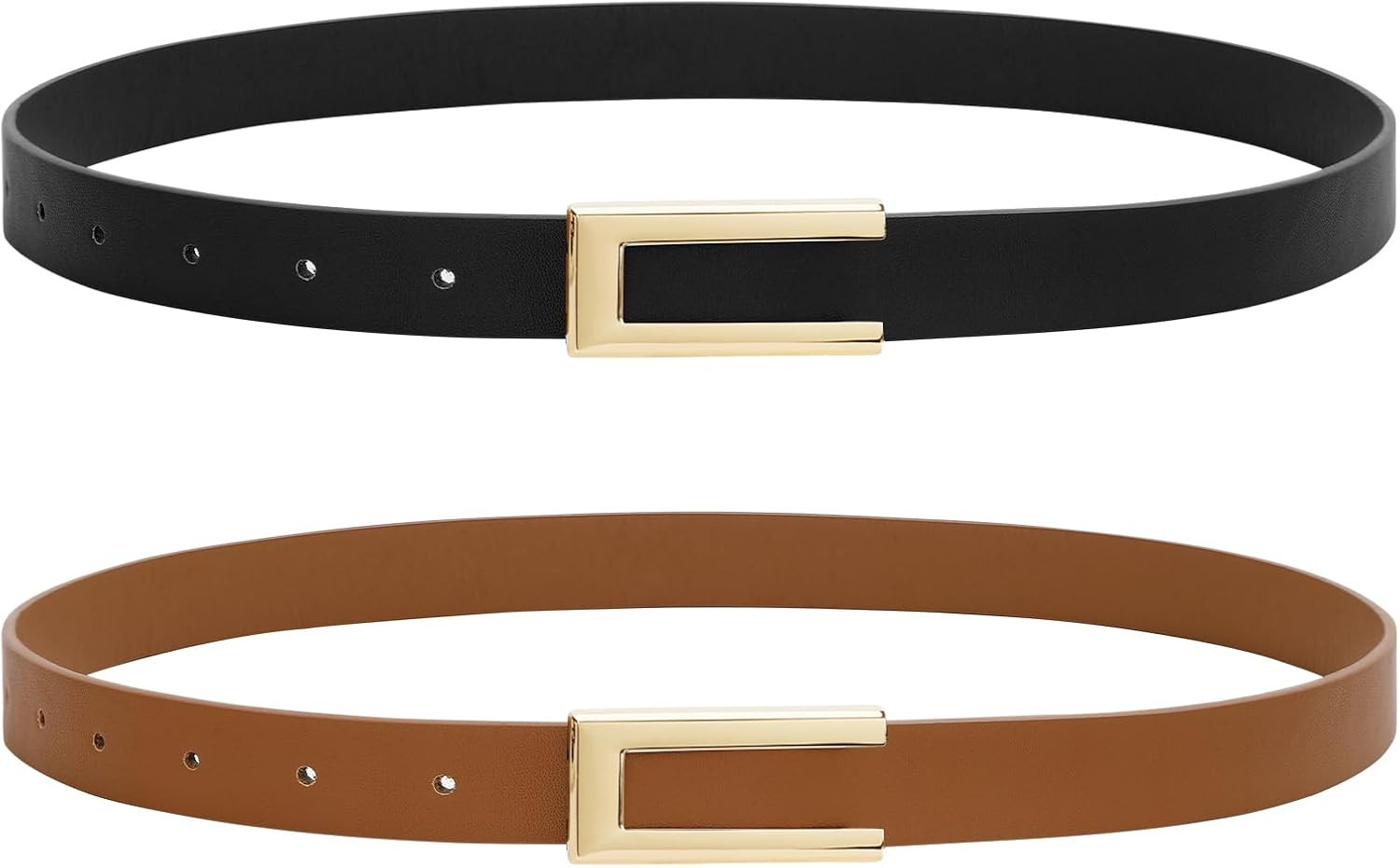 SANSTHS 2 Pack Skinny Leather Belts for Women, Ladies Thin Waist Belt for Dresses Jeans Pants with Gold Buckle, Black+Brown, S | Amazon (US)