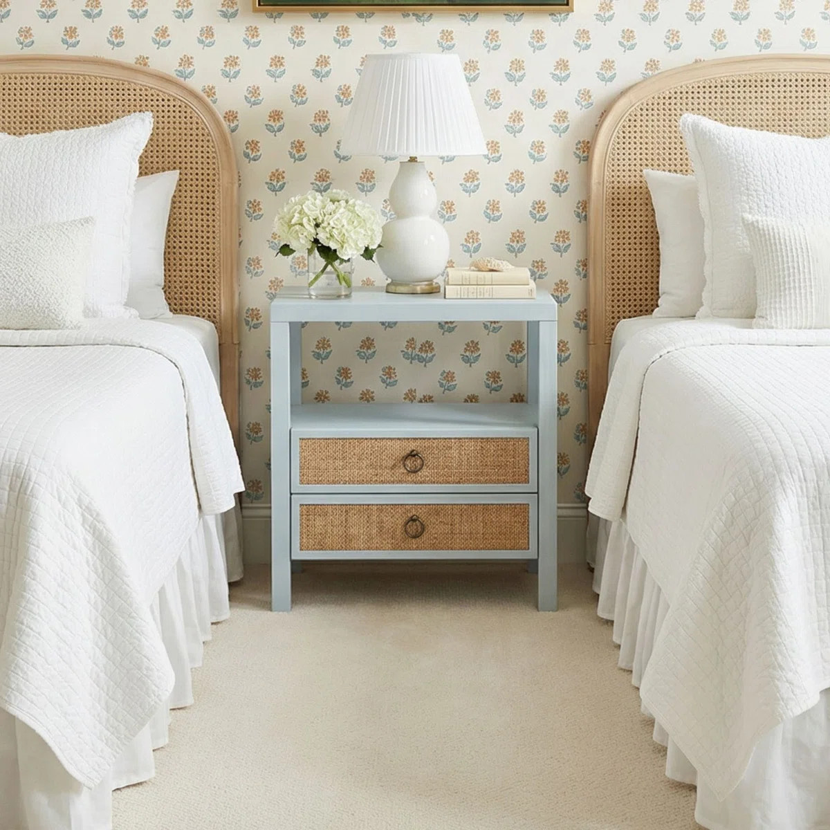 Clive 2 Drawer Nightstand 22"W With Shelf And Cane Doors, Blue | Wayfair North America