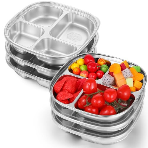 SHENLIU 6 Pack Stainless Steel Snack Containers with Lids, Reusable 4 Compartments Bento Boxes Snack Lunch Box Portion Control Plate for Divided Food Storage Container for Home Travel Camping | Amazon (US)