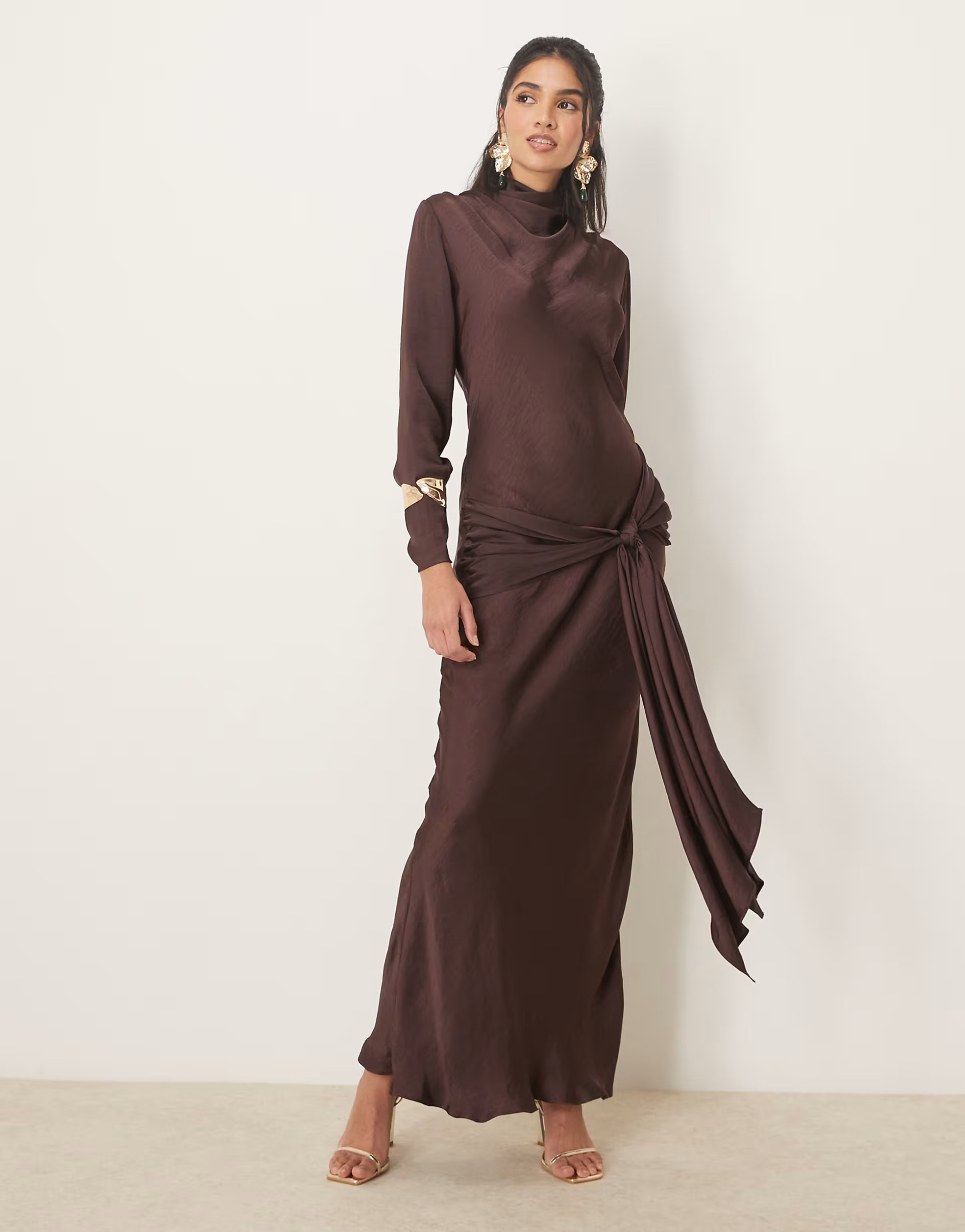 ASOS DESIGN long sleeve satin tie front maxi dress in chocolate | ASOS | ASOS (Global)
