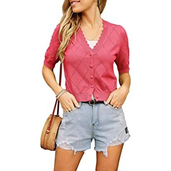 GRACE KARIN Womens Cropped Cardigan Puff Short Sleeve Sweaters Tops V-Neck Button Knitwear | Amazon (US)