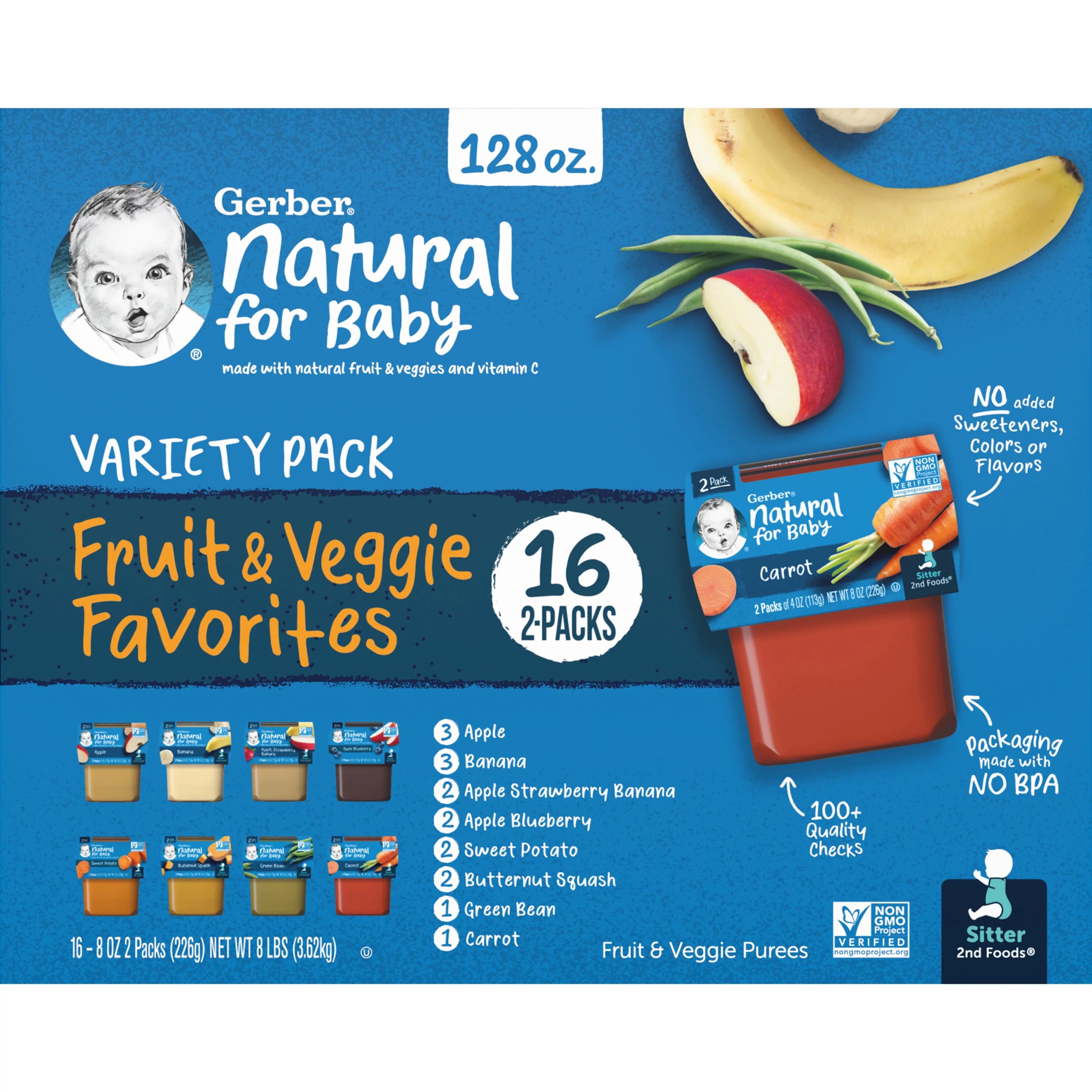 Gerber 2nd Foods Natural for Baby Fruit & Veggie Favorites, Variety Pack, 4 oz Tubs (32 Pack) | Walmart (US)