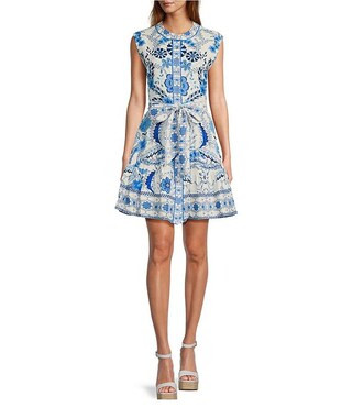 A Loves A Floral Border Print Banded Crew Neck Cap Sleeve Button Front Belted A-Line Dress | Dill... | Dillard's